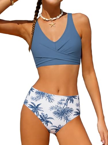 Image of Girls Swimsuit 2 Piece Bikini Set Swimwear Solid Color Bathing Suit 9-16T | Tropical Floral, Criss Cross, for Teen & Preteen