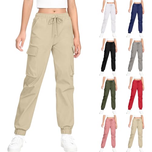 Girls Cargo Pants Lightweight Elastic Waist Drawstring Jogger Pant with Pockets Uniform Pants Clothes for Teen Girls