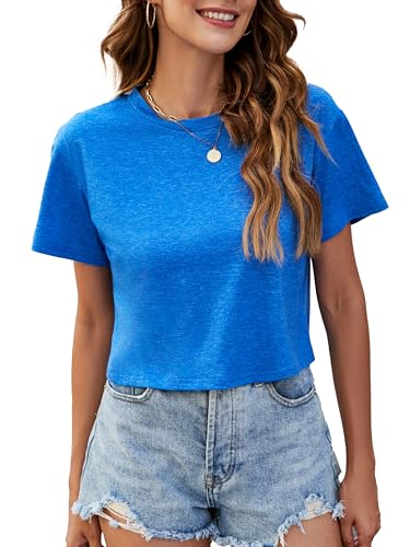 Image of Womens Summer Crop Tops Short Sleeve Round Neck T-Shirts Loose Fit Casual Blouse 2026