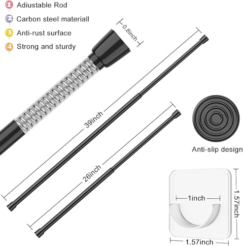 Image of AIZESI Spring Tension Rods Adjustable Tension Curtain Rod Small Tension Rod No Drilling Expandable Spring Loaded Curtain Tension Rod(Black,26 inch to 39 inch-6Pcs)