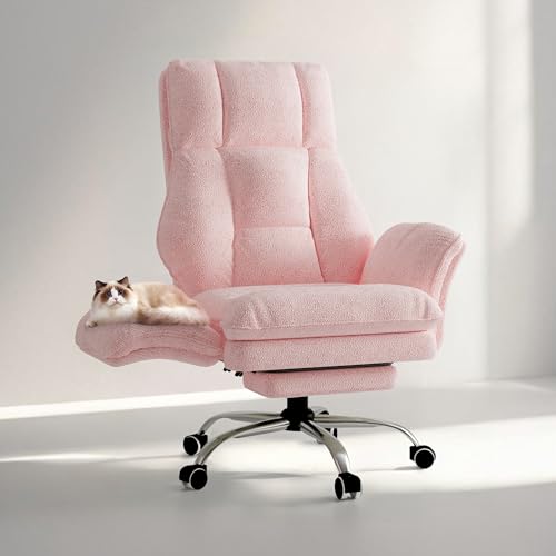 HOMRELEXA Bürostuhl Chefsessel Ergonomisch, Gaming Stuhl mit Fußstütze & 135° Verstellbarer Rückenlehne, Drehstuhl mit klappbaren Armlehnen, Hochlehner aus Teddy-Fleece Stoff – Rosa