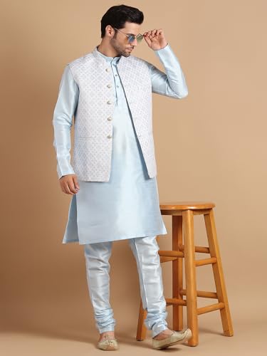 Image of men's Silk Blend Kurta Pejama & Waistcot Set