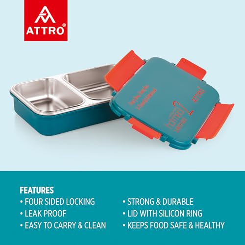 Image of ATTRO Hot-Meal 2 Insulated Lunch Box with 2 Compartment, Inner Stainless Steel & Locking Lid BPA-Free Food Grade Ideal for School, Office - 800ml Dark Blue