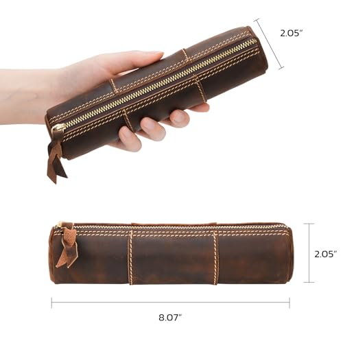 Image of ECHSRT Genuine Leather Pencil Pouch for Adults, Slim Cylinder Case, Coffee | Full-Grain Cowhide Leather, Crazy Horse Finish, Slim Cylinder Design, Single Zipper, Vintage Pen Organizer for Adults