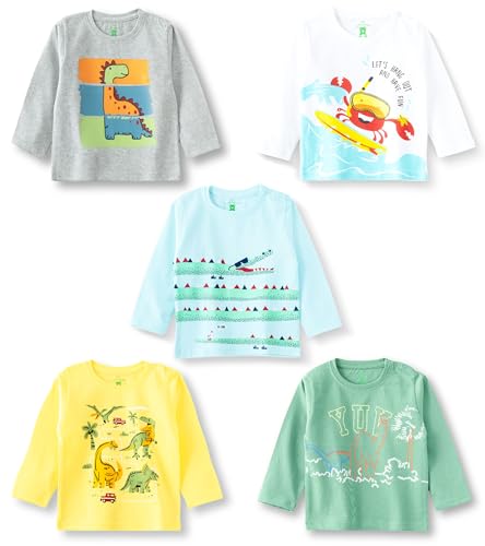 Image of YUV Infant Boys 100% Cotton Regular Fit Full Sleeve Printed T-Shirts, Pack of 5