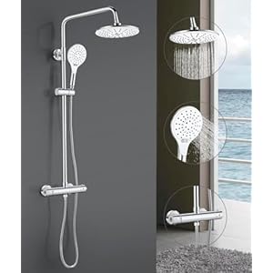 Bevankly Thermostatische douchezuil, ronde doucheset voor badkamer, thermostatische douchemengkraan, handdouche met 3 straalsoorten, douchekop, in hoogte verstelbaar 80-117 cm, verchroomd