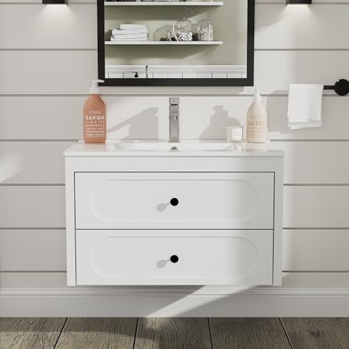 Waschtisch mit Keramikbecken 60 cm breit Badmöbel Set Waschbeckenunterschrank Badezimmerschrank mit Waschbecken Unterschrank Spiegel Badezimmermöbel mit Waschtisch Wasserhahn Set Keramikbecken Weiß