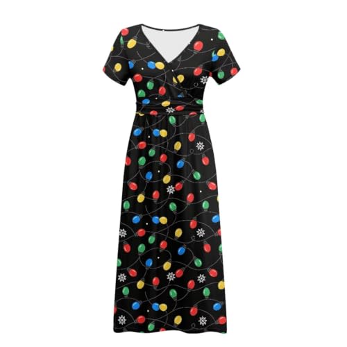 Image of Women's Fall Summer Short Sleeve Ankle Length V-Neck Party Dress with Pockets Size S-3XL