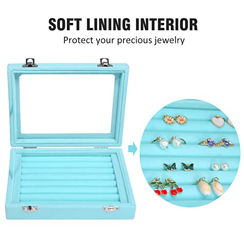 Rings Organizer Tray 7 Slots Velvet Jewelry Earring Storage Box with Transparent lid Jewelry Display Case for Girls Wife Mom Women (Light Blue)3