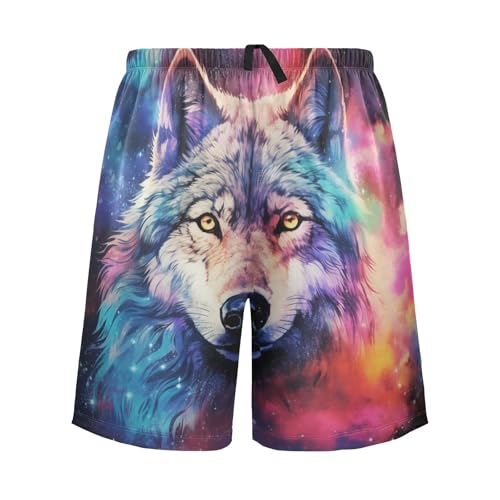 ALAZA Wolf Colorful Sky Space Galaxy Wolf Men's Pajama Shorts with Pockets