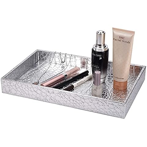 Decor Trends Faux Leather Silver Decorative Vanity Tray for Bathroom Dresser Tray for Perfume Jewlery Cosmetic Makeup Cover