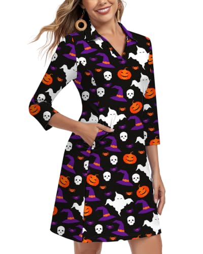Image of WOWENY 3 /4 Sleeve Dress for Women with Pockets V Neck UPF 50+ Casual Sun Dress Breathable Quick Dry Beach Vacation
