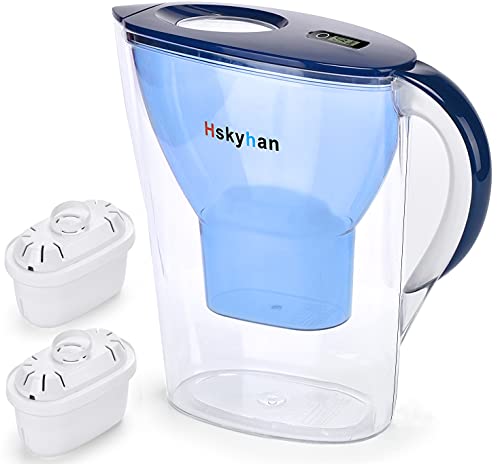 Hskyhan Alkaline Water Filter Pitcher - 2 Cartridges Included, Improve PH, BPA Free, 7 Stage Filteration System to Purify, Reduces Lead, Fluoride, Chlorine and More, Blue