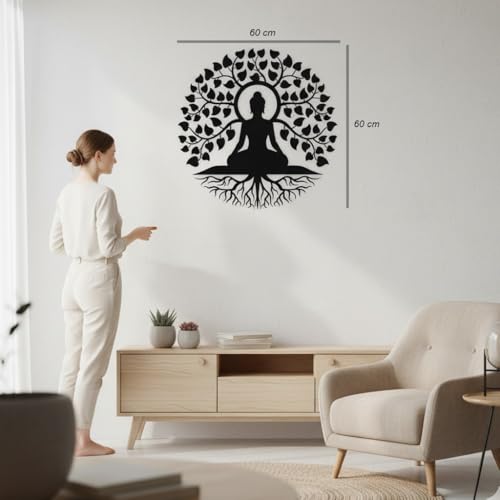 Image of Herrlich Homes Tree of Life Buddha Metal Wall Art |Meditation Yoga Altar Buda Indoor Zen Home Decor |Outdoor Garden Patio Hanging | 60CM X 60CM | L | Black