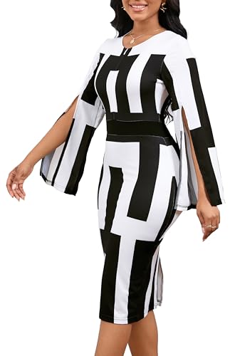 Women Sexy Dresses Bodycon Church 3/4 Sleeve African Print Pencil Party Office Dress Work with Split2