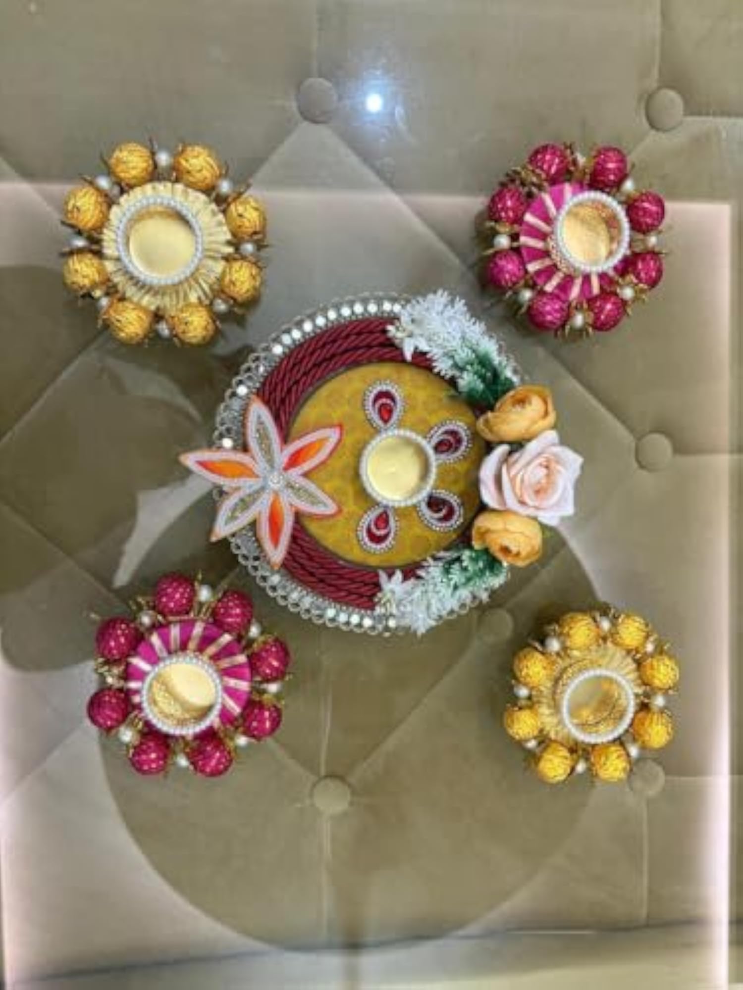 Decorative Diwali Rangoli Set with Floral Tea Light Holders