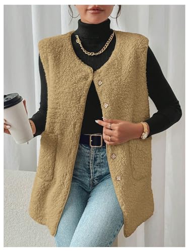 MakeMeChic Women's Button Down Fleece Vest Jacket V Neck Sleeveless Pocket Vest Top Coat Jackets3