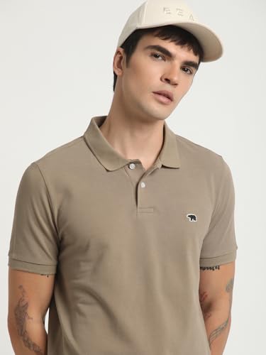 Image of THE BEAR HOUSE Men Beige Solid Slim Fit Polo Collar T-Shirt