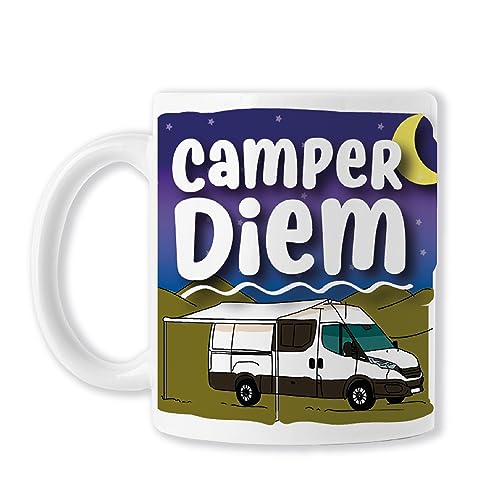 TAZAS CAMPER (BAOBAB REGALOS -Camper Diem -Taza Campers, Especial Accesorios Camper Furgoneta - Taza Amigo Invisible - Aventureros Campervan. Cerámica blanca)