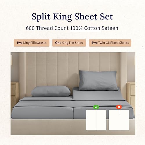 California Design Den Split King Sheet Set - 100% Cotton, 600 Thread Count, Breathable Luxury King Size Sheets for Adjustable Bed, Luxury Hotel-Quality Sheets with Soft Sateen Weave - Mist Grey