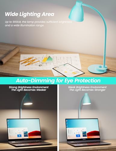 Image of BOHON LED Desk Lamp with USB Charging Port, 3 Color Modes Dimmable, Teal | Reading Lamp, Auto Dimming Task Lamp, Flexible Neck Table Light for Office Dorm Bedside, Adapter Include
