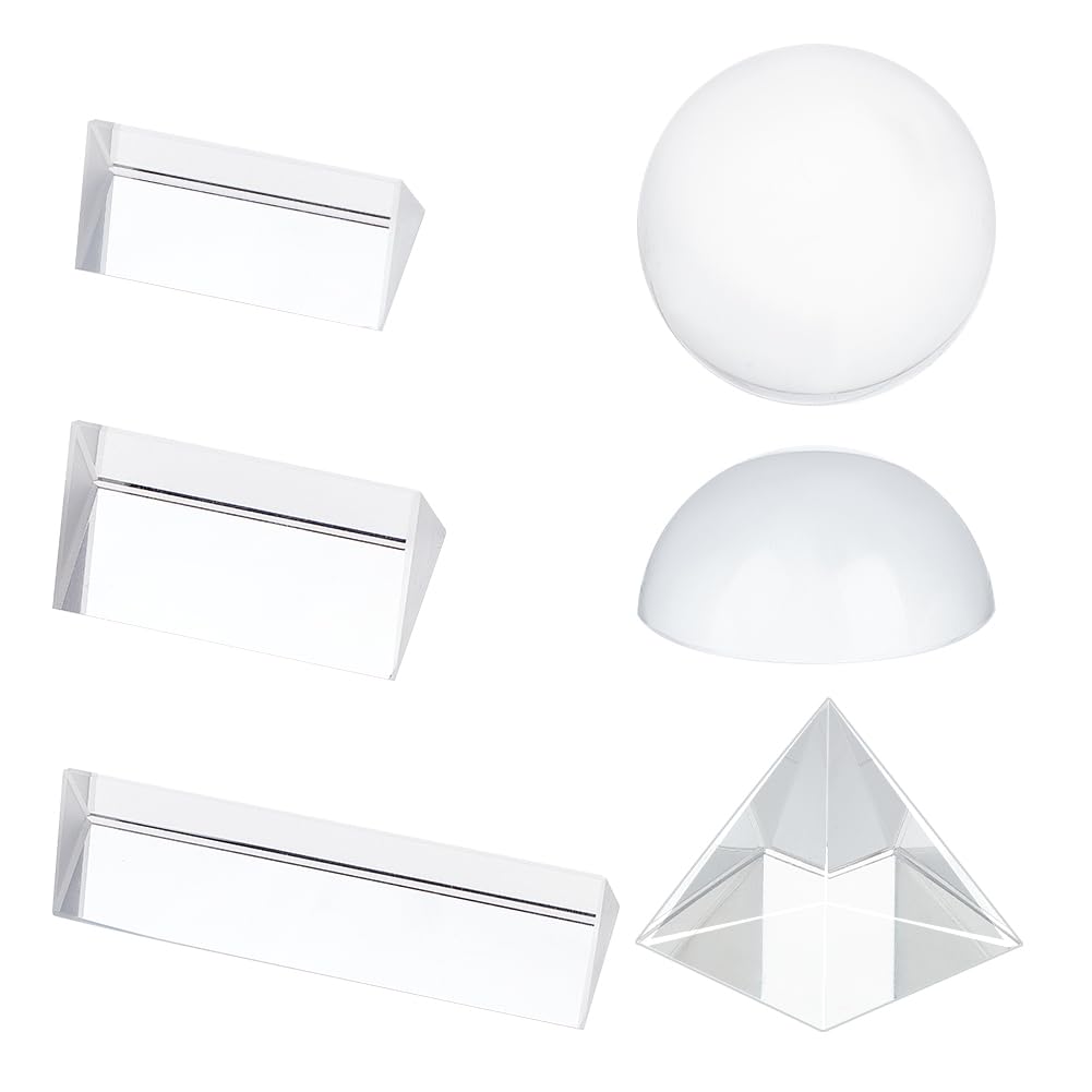 OLYCRAFT 6 Pack Crystal Photography Prism Set Include 49.5mm Crystal Ball 47mm Pyramid 40.5mm and 100mm Triangular Prisms 47.5mm Dome Magnifying for Playing