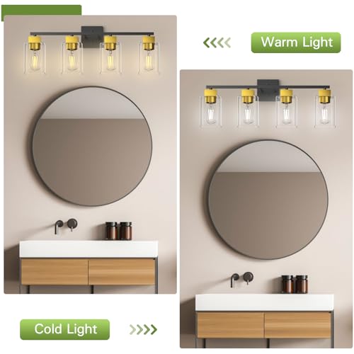 Image of 4 Light Bathroom Vanity Light - Black and Brushed Gold Bathroom Light Fixtures UL Certification, Square Light Fixture Over Mirror, Farmhouse Light Fixtures for Bathroom & Bedroom