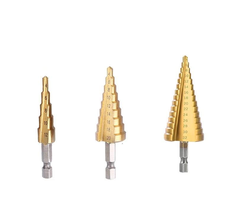 1/3 SZTUK 4-20 mm 4-12 mm 4-32 mm Ostrzałka do wierteł stopniowych Zestaw wierteł do metalu Etap Wielofunkcyjne wiercenie stopniowe Stożkowy Obróbka drewna (Rozmiar: Złoto 3 szt.) (Złoto 3 szt.)