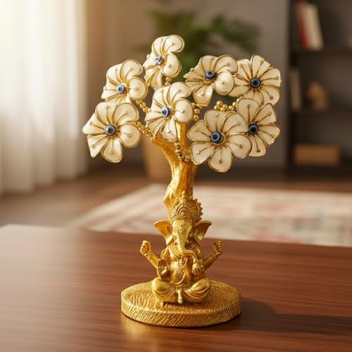 Image of eCraftIndia Tree of Life with Lord Ganesha Idol Showpiece (White, Golden) | Evil Eye Feng Shui Items for Good Luck Positive Energy Vastu Shelf Living Room Home Decoration.