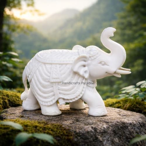 Image of Handicrafts Paradise 2.25 Inch White Marble Elephant Showpiece Hand-Made Elephant Figurine DesignVastu Decor Statue for Home Office Table and Gift Item