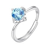 WLLDDDIU Anillos de Compromiso de Plata de Ley 925 de 5 Mm/6 Mm con Solitario de Piedras Preciosas Naturales de Corte Brillante Redondo para Mujer, Banda Ajustable con Piedra de Nacimiento de Topaci