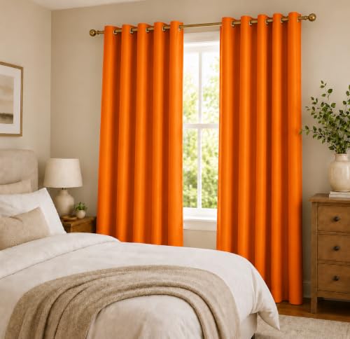 Image of Polyester Eyelet Door Curtain, Solid Plain Light Filtering Curtain for Bedroom, Living Room & Home Office, 7 Feet (84 x 48 Inch), Orange, Pack of 2