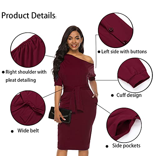 Image of Nature Comfy Elegant Womens Wear to Work One Shoulder Belted Pencil Dress