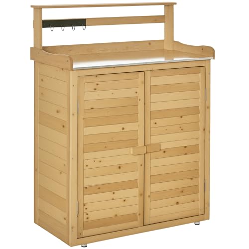 Outsunny Garden Potting Bench Table Wooden Workstation Shed with Tabletop, Hooks, 3-Tier Shelves Cabinet and 2 Magnetic Close Doors
