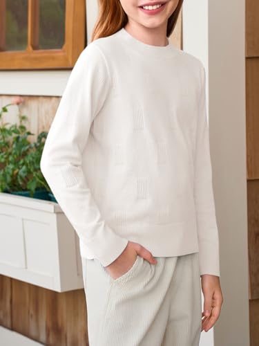 Image of Haloumoning Girls Knit Sweaters Casual Long Sleeve Textured Pullover Tops Kids Loose Fit Comfy Fall Clothes 5-14 Years