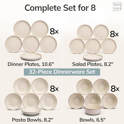 Image of 32 Piece Stoneware Dinnerware Set for 8 - Handmade Reactive Glaze Plates and Bowls Set - Chip & Scratch Resistant Dish Set - Dishwasher Microwave Safe - Rustic Beige