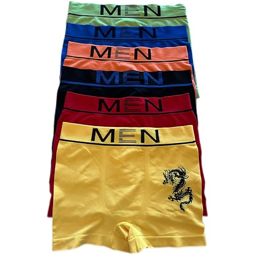 Men's Microfiber Boxer Briefs, Dragon Design, 6-Pack, Seamless Compression Underwear, Assorted Colors