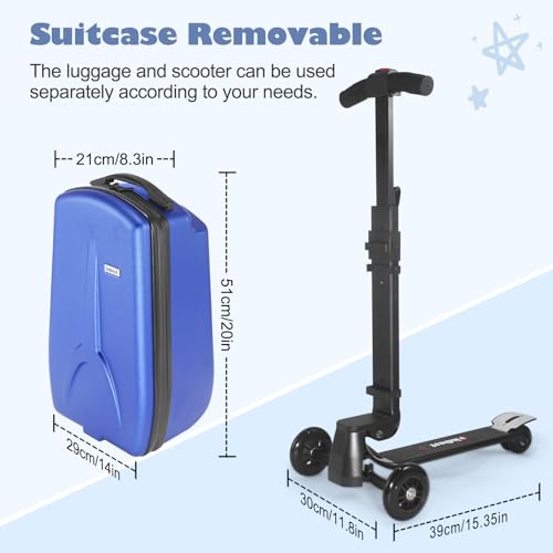 iubest Scooter Luggage Carry On Scooter Suitcase for Kids Age 4-15, Detachable & Foldable 4 in 1 Kids Suitcase, Multifunctional Ride On Travel Trolley Scooter Combo-Blue3