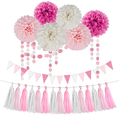 Image of Hot Pink White Party Decorations - 23pcs Tissue Paper Flower Pom Poms Tassel Garland Pennant Banner Flags Streamers Women Girl Birthday Baby Bridal Shower Engagement Bachelorette Wedding Hanging Decor