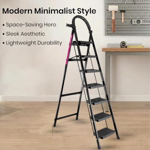 Image of Casa Copenhagen Black 7 Step Ladder for Home Use with Built-in Tool Tray | Heavy Duty D Shape Rods | Ultra Large Platform | Wide Rubber Feet | 150Kg Capacity Foldable Ladder - 7 Years Warranty