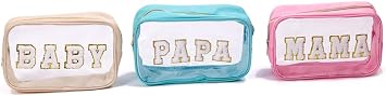 3pc Mama Baby Papa Clear Pouch Set with Chenille letters Travel Makeup Toiletry Organizer Bags for Family Packing Cute Personalized for Vacation, Hospital & Diaper Bag Essentials