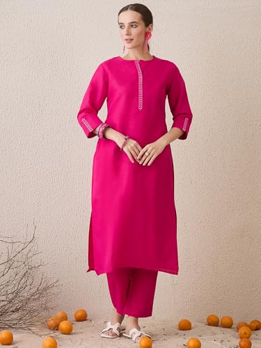 Image of INDO ERA Women's Straight Cotton Blend Ethnic Motifs Embroidered Kurta Pant With Dupatta Set