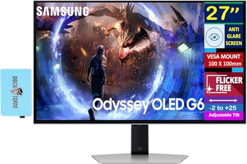 Image of Samsung Odyssey OLED G6 27 inch QHD Gaming Monitor 360Hz Display with Anti-Glare, Flicker Free, VESA Mount (100mm), HDMI, Displayport & Dockztorm USB Port Expander, Silver Color (LS27DG602SNXZA)