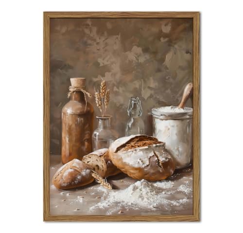 Framed Vintage Kitchen Wall Art Rustic Bread and Flour Pictures Wall Decor Paintings Farmhouse Food Poster Canvas Prints Country Home Decor for Dining Room Living Room Bakery 12x16 inch