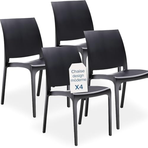 Tomaino - Chaise de cuisine en plastique - Ensemble de 4 empilables avec accoudoirs pour l'extérieur et l'intérieur - Chaises pour jardin, salon, balcon ou bar - Noir