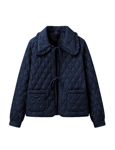 Vimida Women's Quilted Lightweight Jackets Long Sleeve Winter Cropped Cotton Padded Coat Jacket Bow Tie Puffy Outwear(Navy-M)