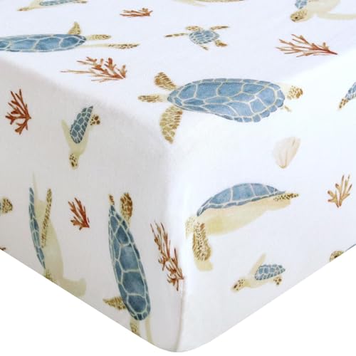 Image of LifeTree Crib Sheets for Baby Unisex - Muslin Fitted Crib Sheets Toddler Bed Sheet, 70% Viscose from Bamboo and 30% Cotton, Fits Standard Crib, Sea Turtle, 28in x 52in