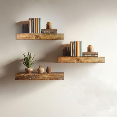 Image of Solid Wood Floating Wall Shelves Set of | Rustic Wooden Display Shelves for Living Room, Bedroom, Kitchen & Bathroom | Heavy Duty Wall Mounted Shelves (9 Inches, 3 Shelves)