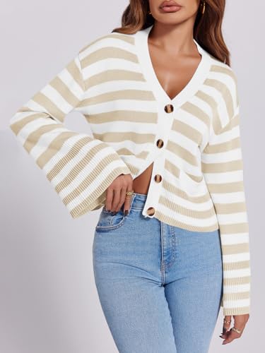 Image of Saodimallsu Womens Striped Cardigan Sweaters Cropped Fall Button Open Front Long Sleeve Knit Sweater Coat with Pockets