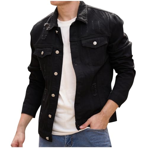 Denim Jacket for Men Ripped Holes Button down Denim Jacket Classic Casual Slim Fit Long Sleeve Fashion Solid Jackets - Main Image